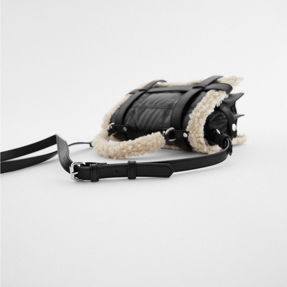 Zara Sherpa Fleece Leather Crossbody Sactchel with Faux Shearling - Picture 7 of 14